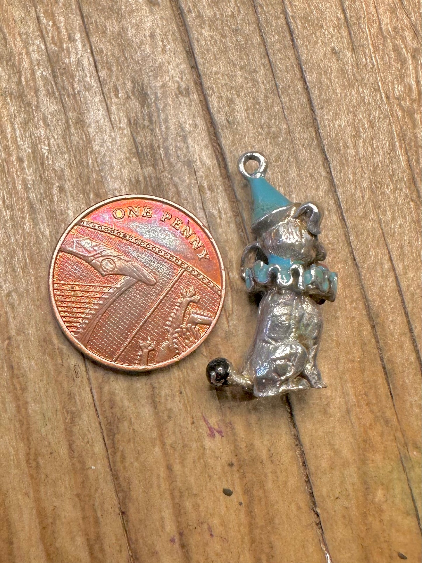 Vintage Enamel Dog Dressed Clown 925 Sterling Silver Charm Pendant