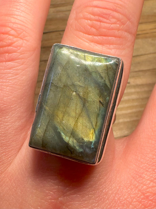 Vintage Labradorit Rechteck 925 Sterling Silber Ring Größe T