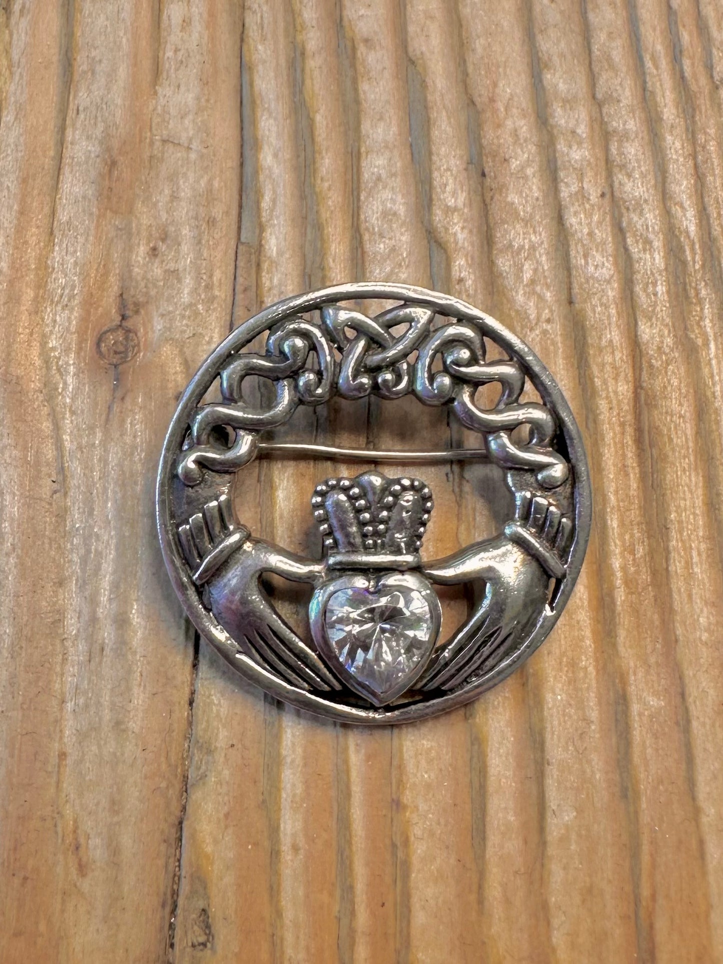Claddagh CZ Stone 925 Sterling Silver Brooch