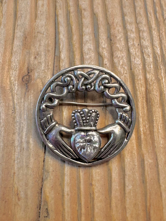 Claddagh CZ Stone 925 Sterling Silver Brooch