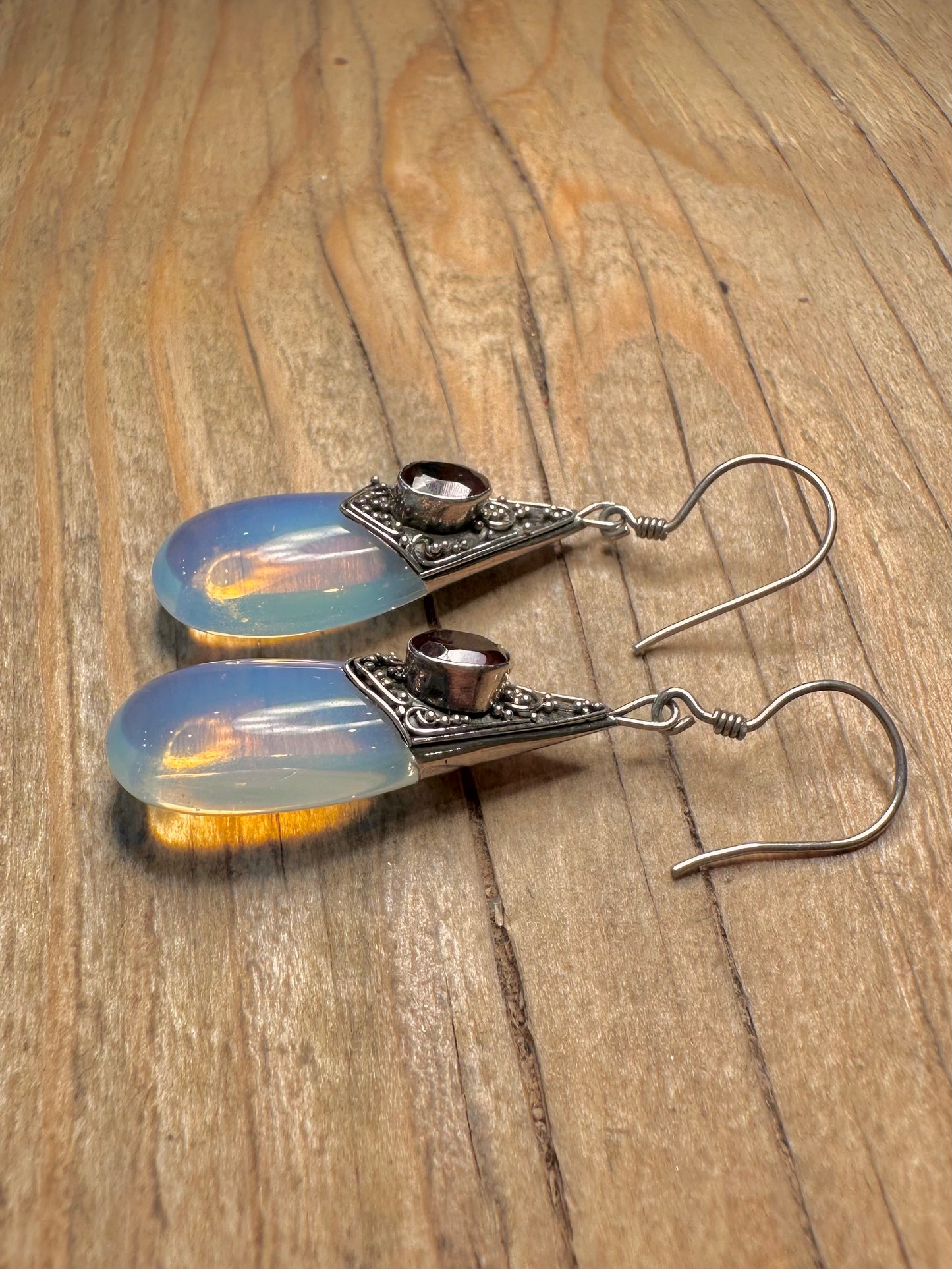 Vintage Opalite and Garnet 925 Sterling Silver Earrings