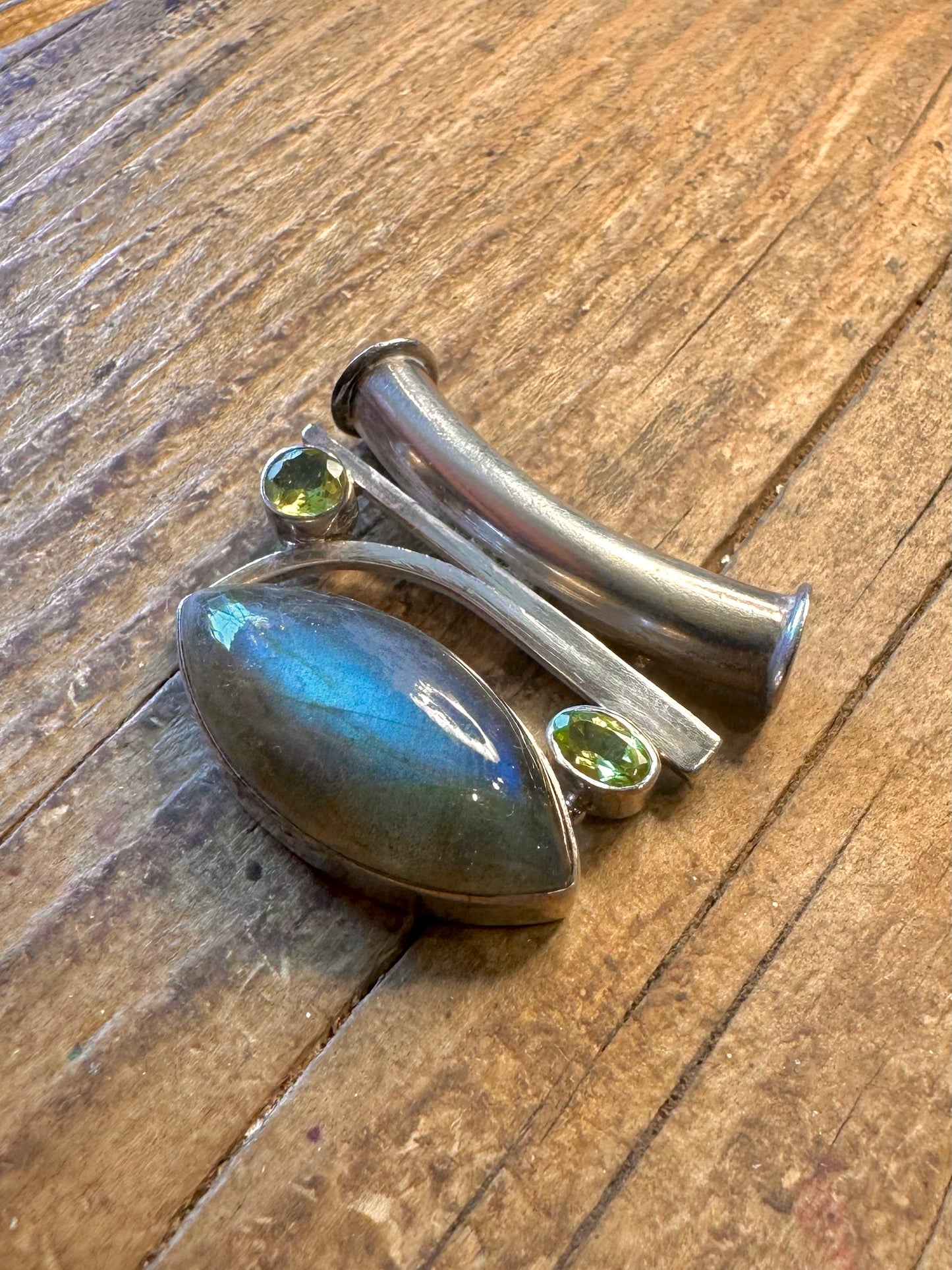 Abstract Labradorite and Peridot 925 Sterling Silver Pendant