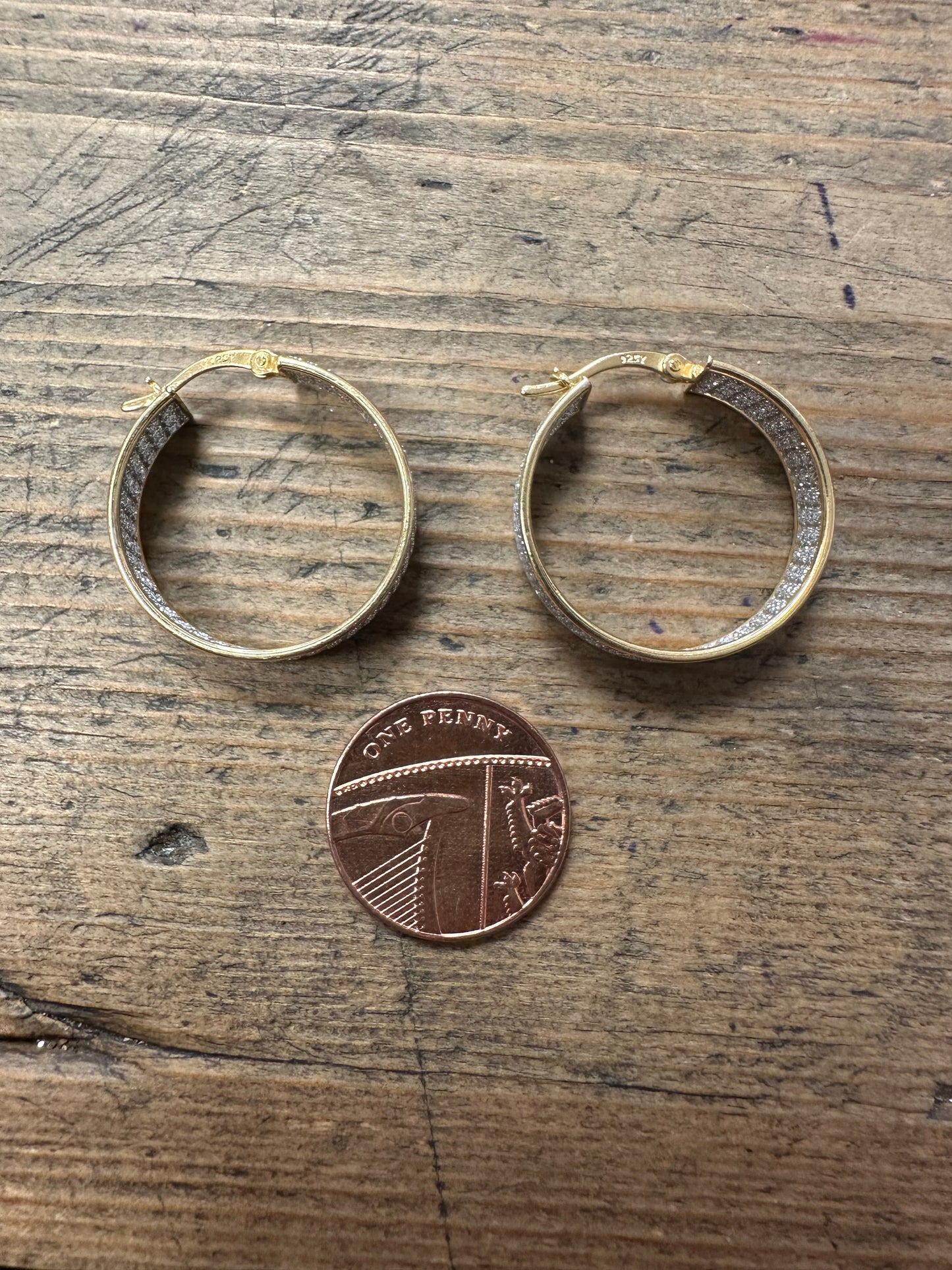 Modernist CZ Stones Gold on 925 Silver Hoop Earrings