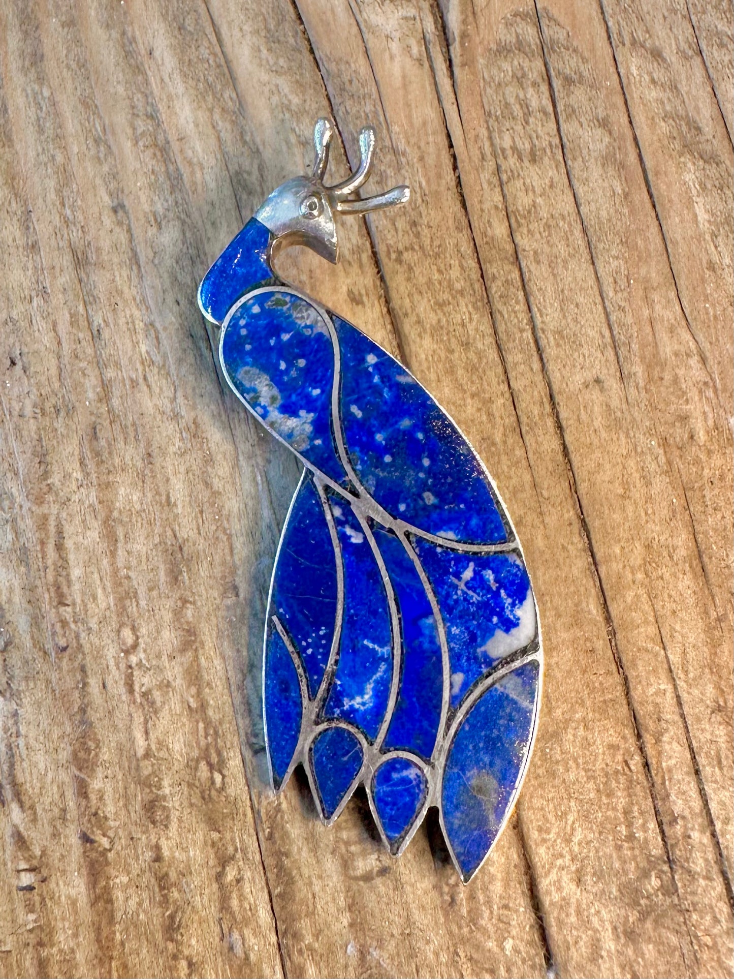 Pfauen-Lapislazuli-Intarsien-Anhänger/Brosche aus 950er Silber