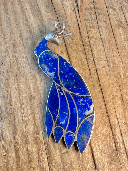 Pfauen-Lapislazuli-Intarsien-Anhänger/Brosche aus 950er Silber