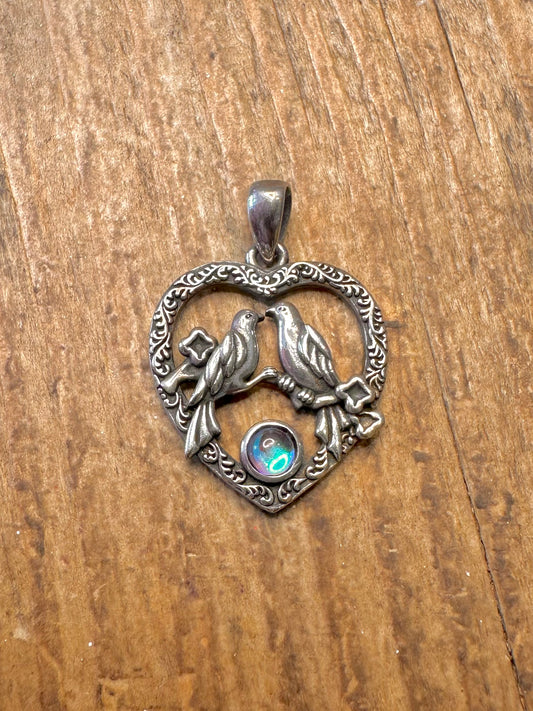 Love Birds Decorative Blue Circle 925 Sterling Silver Pendant