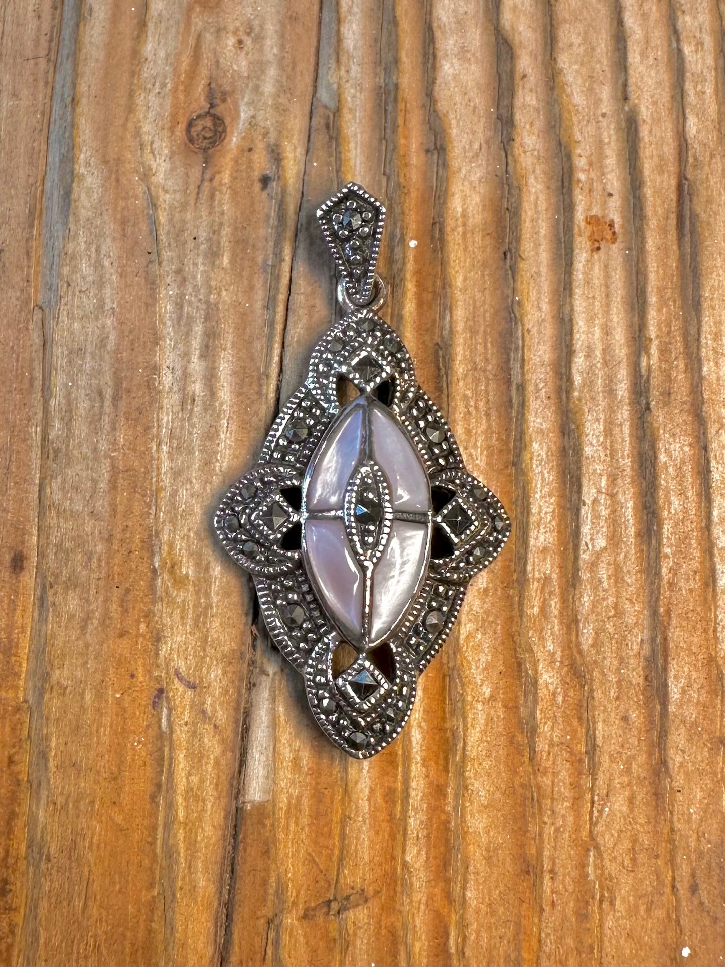 Art Deco Mother of Pearl and Marcasite Ornate 925 Sterling Silver Pendant