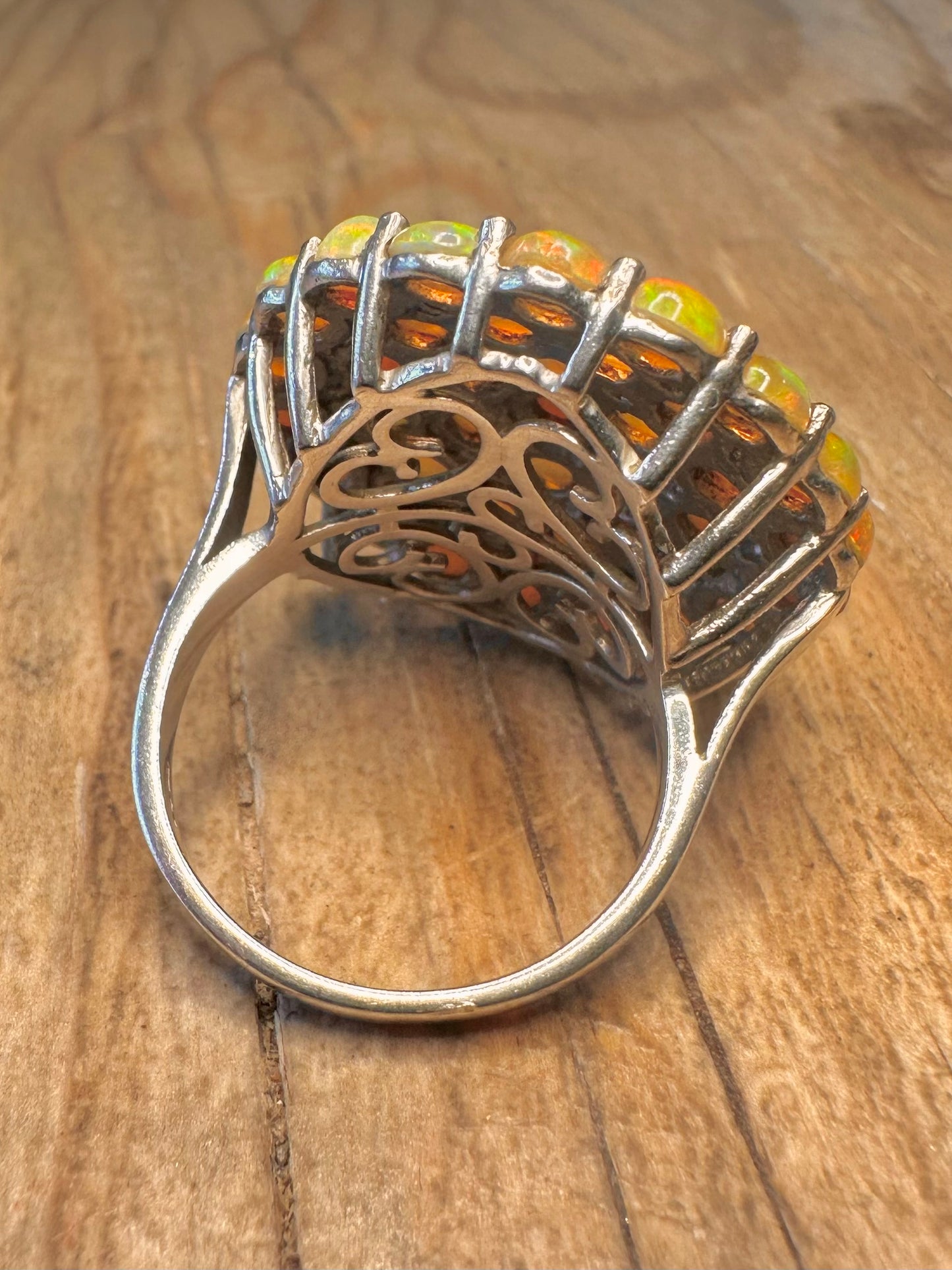 Abstract Large Opal Cluster and White Stone 925 Sterling Silver Size T Ring