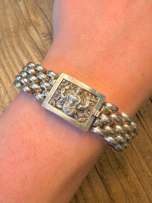 Chunky Anglo-Indian Figure Triple Link Chain Box Clasp 925 Silver 8 inch  Bracelet