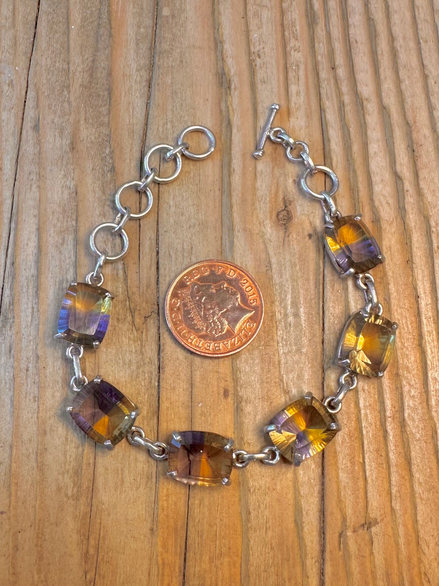 Yellow and Purple Stone T Bar Clasp 925 Sterling Silver Bracelet