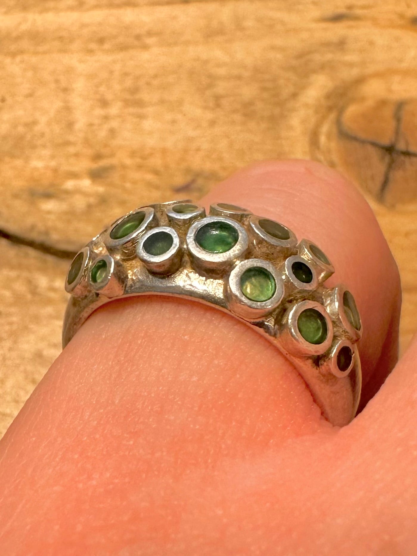 Modernist 2007 Green Dots 925 Silver Size O1/2 Ring