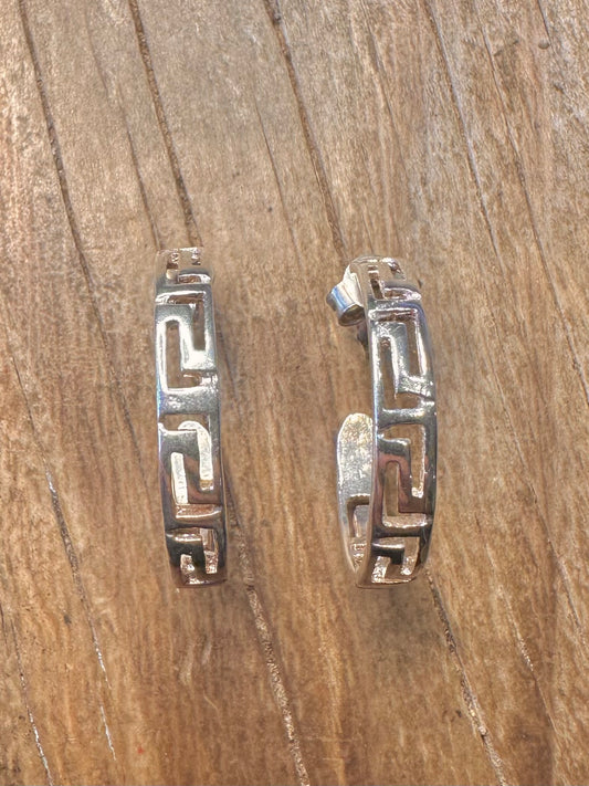Vintage Greek Key Half Hoops 925 Sterling Silver Earrings