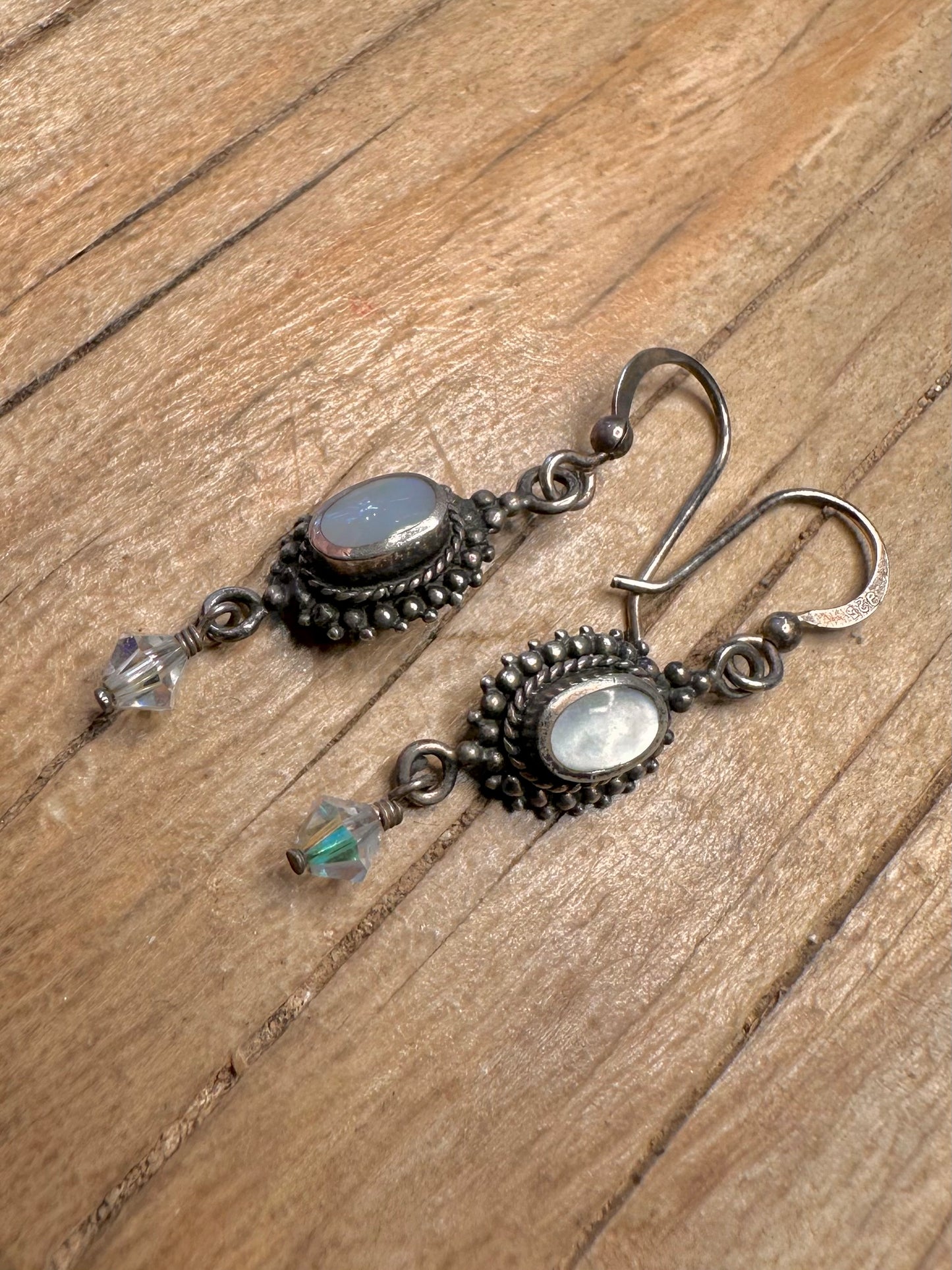 Vintage Mother of Pearl and Crystal 925 Sterling Silver Earrings