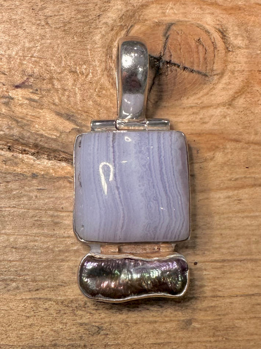 Abstract Lace Agate and Abalone 925 Silver Pendant
