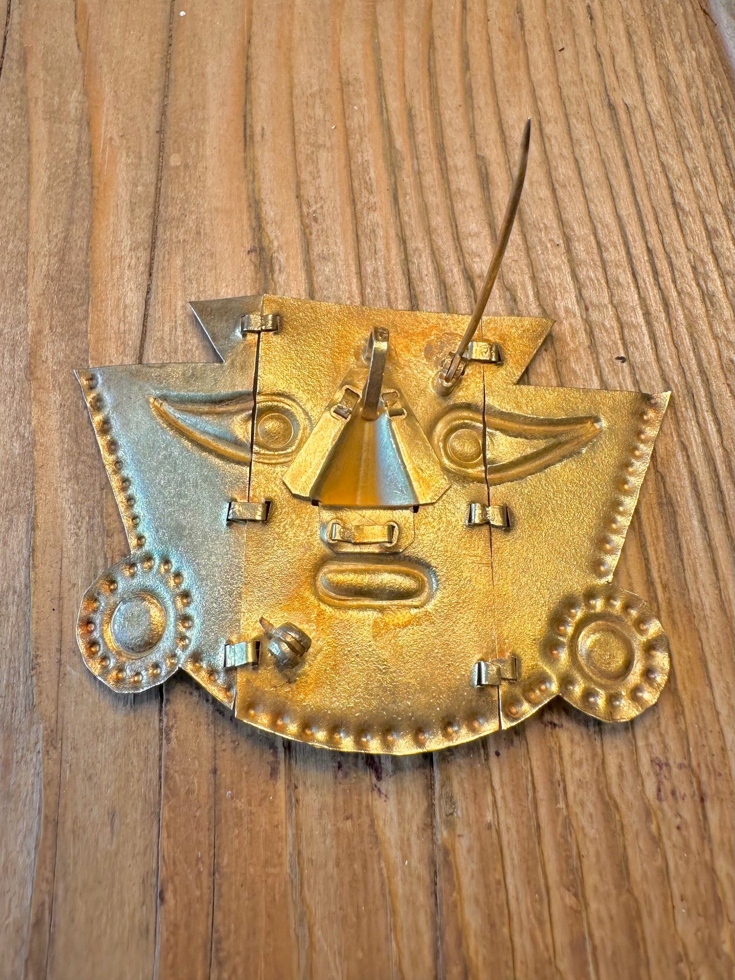 Peruvian Handmade Hinge Movement Sicán Lambeyeque Mask Coral Gold Toned 925 Sterling Silver Pendant And Brooch