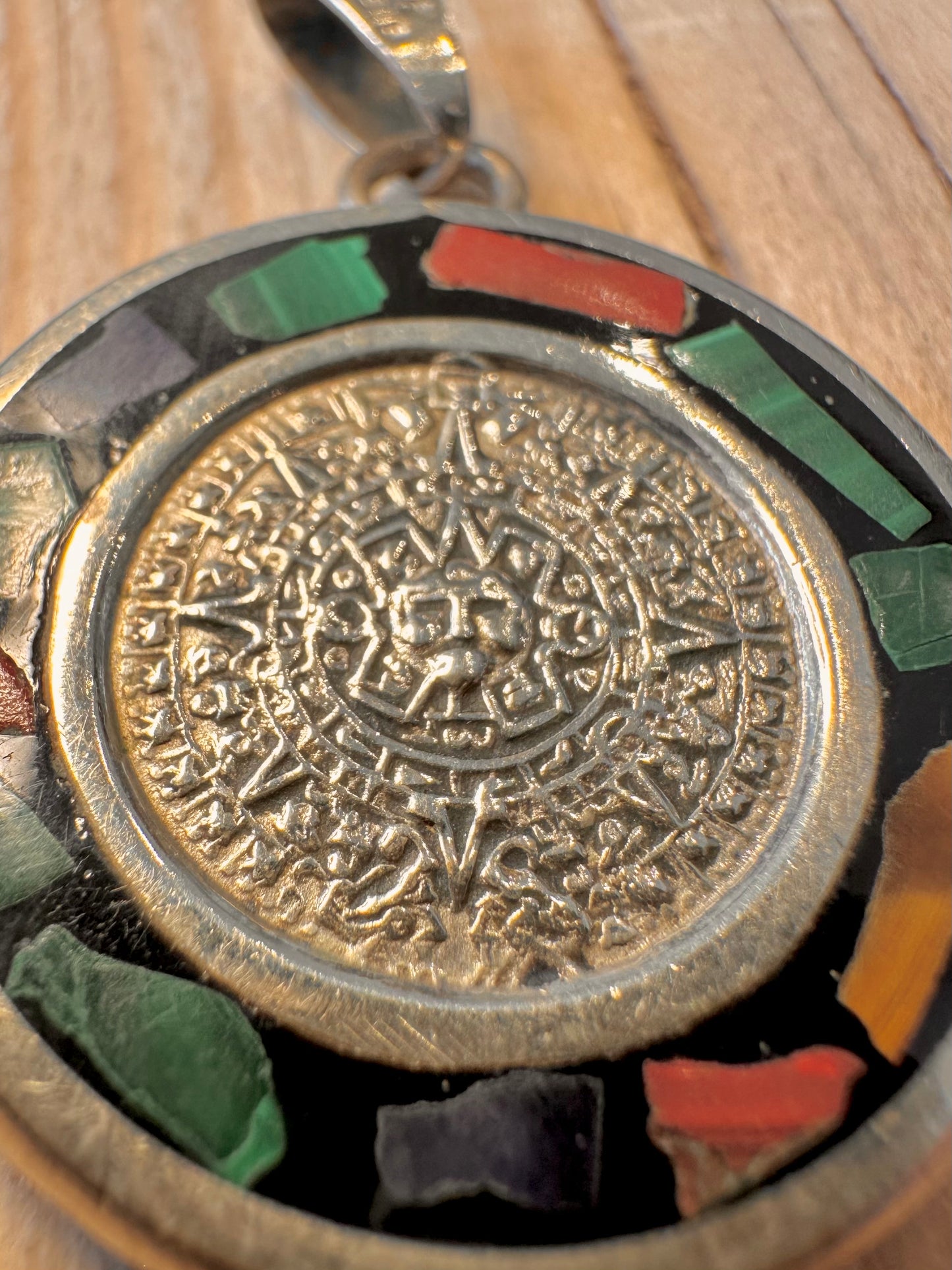 Vintage Aztec Multi Gemstone Calendar 925 Silver Pendant