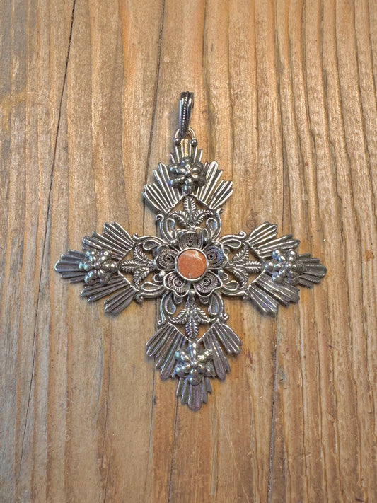 Large Decorative Floral Orange Filigree Cross 925 Sterling Silver Pendant