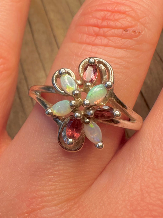 Vintage Opal and Pink Tourmaline 925 Sterling Silver Size T Ring