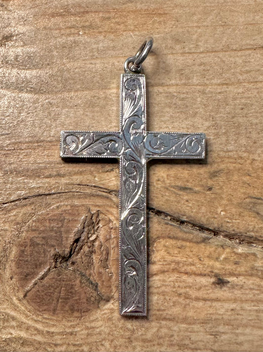 Vintage 1974 Engraved Cross 925 Silver Pendant