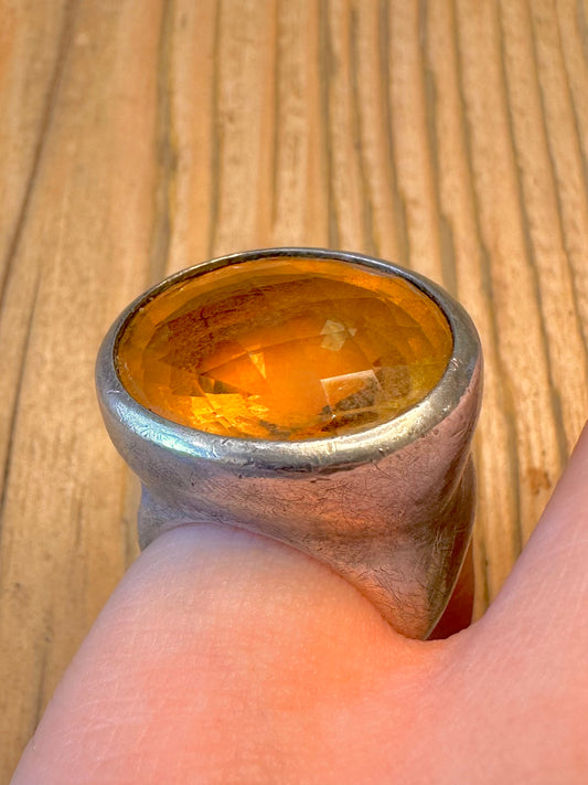 Large Faceted Citrine Heavy Solid 925 Sterling Silver Size L Ring