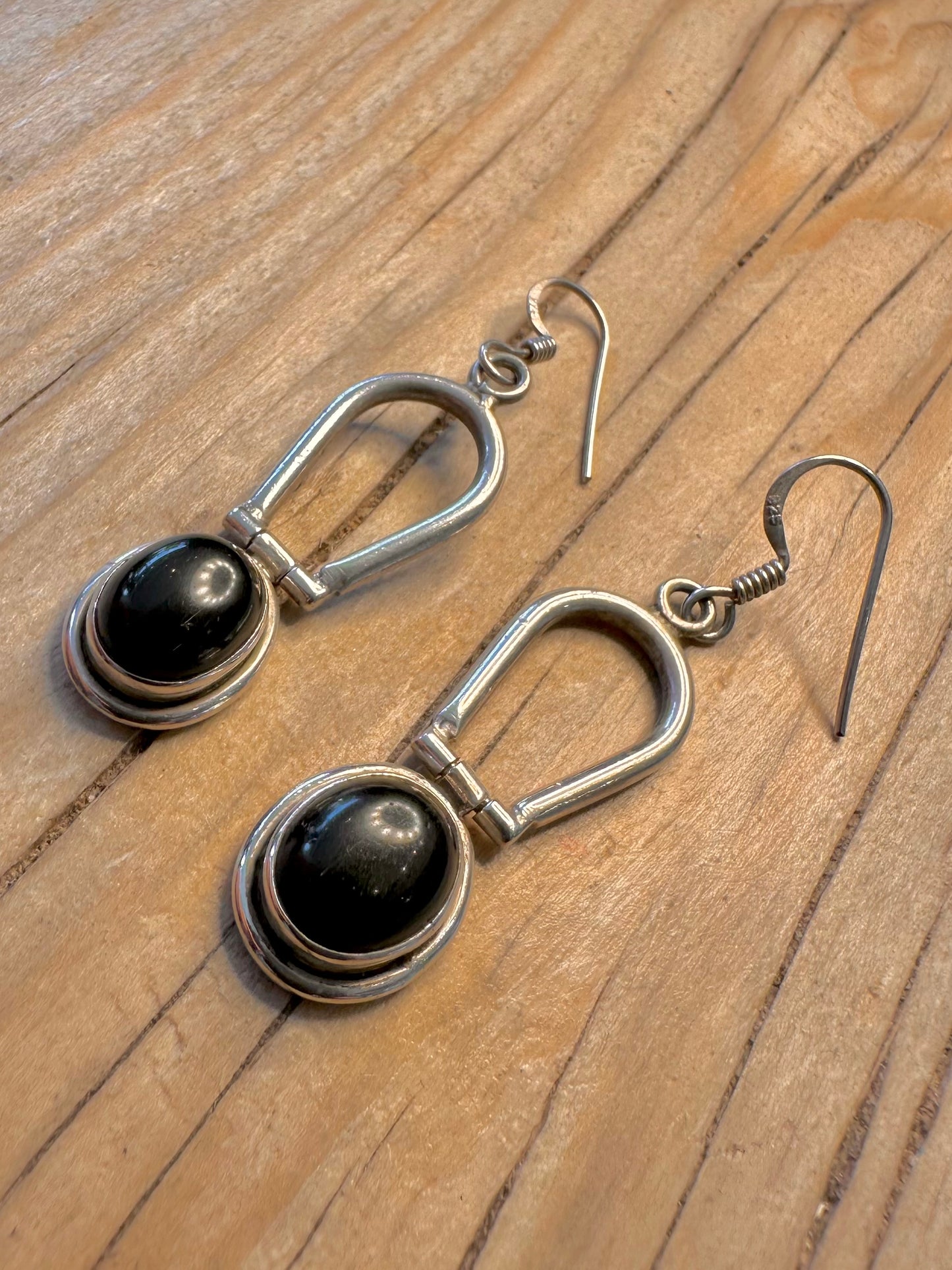 Vintage Black Stone Dangle 925 Silver Earrings