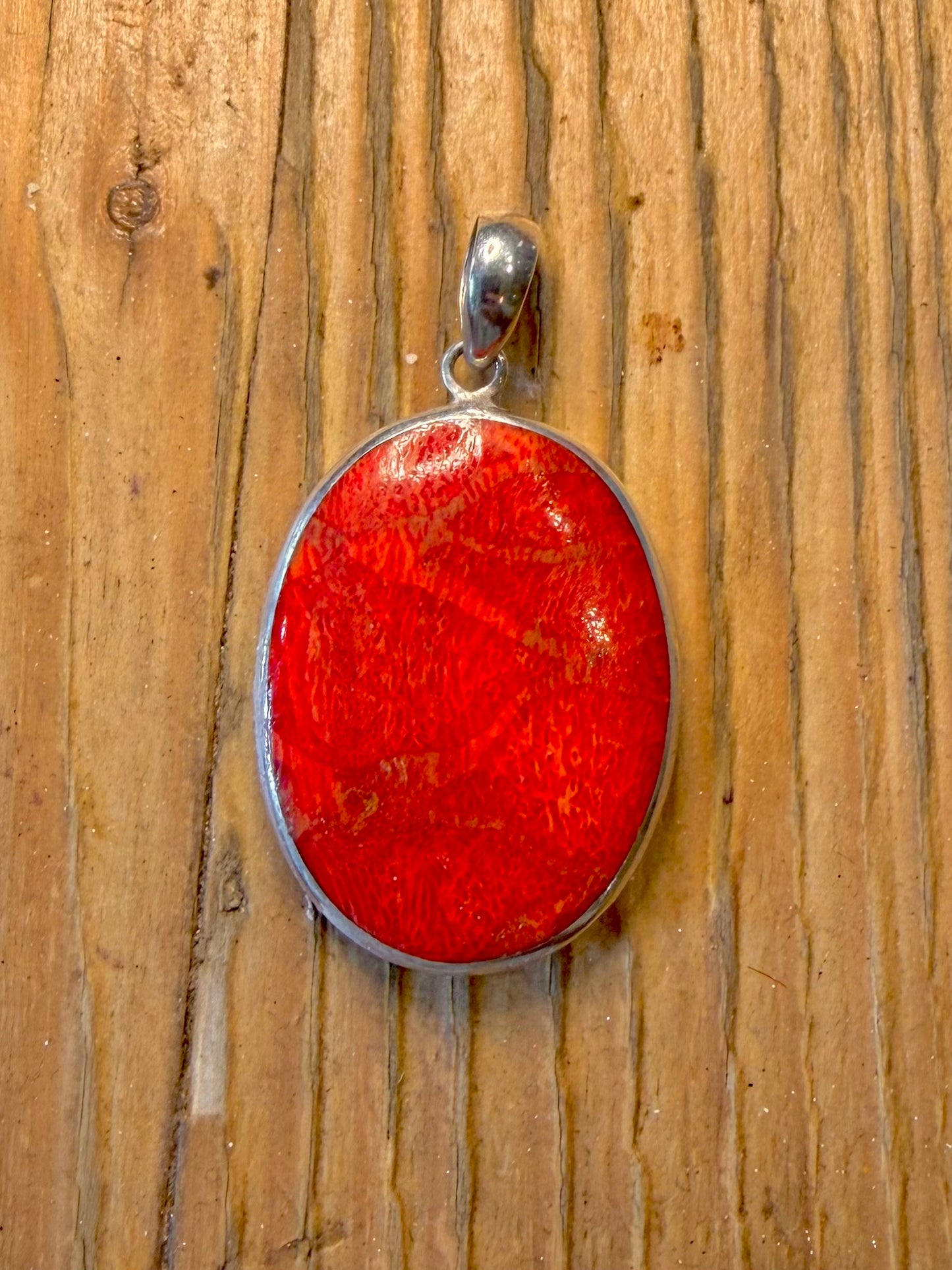 Coral and Mother of Pearl Oval 925 Sterling Silver Pendant