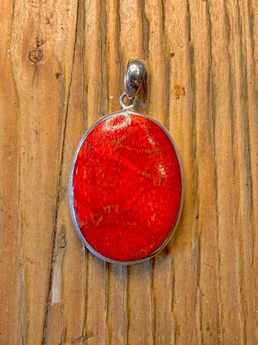 Coral and Mother of Pearl Oval 925 Sterling Silver Pendant