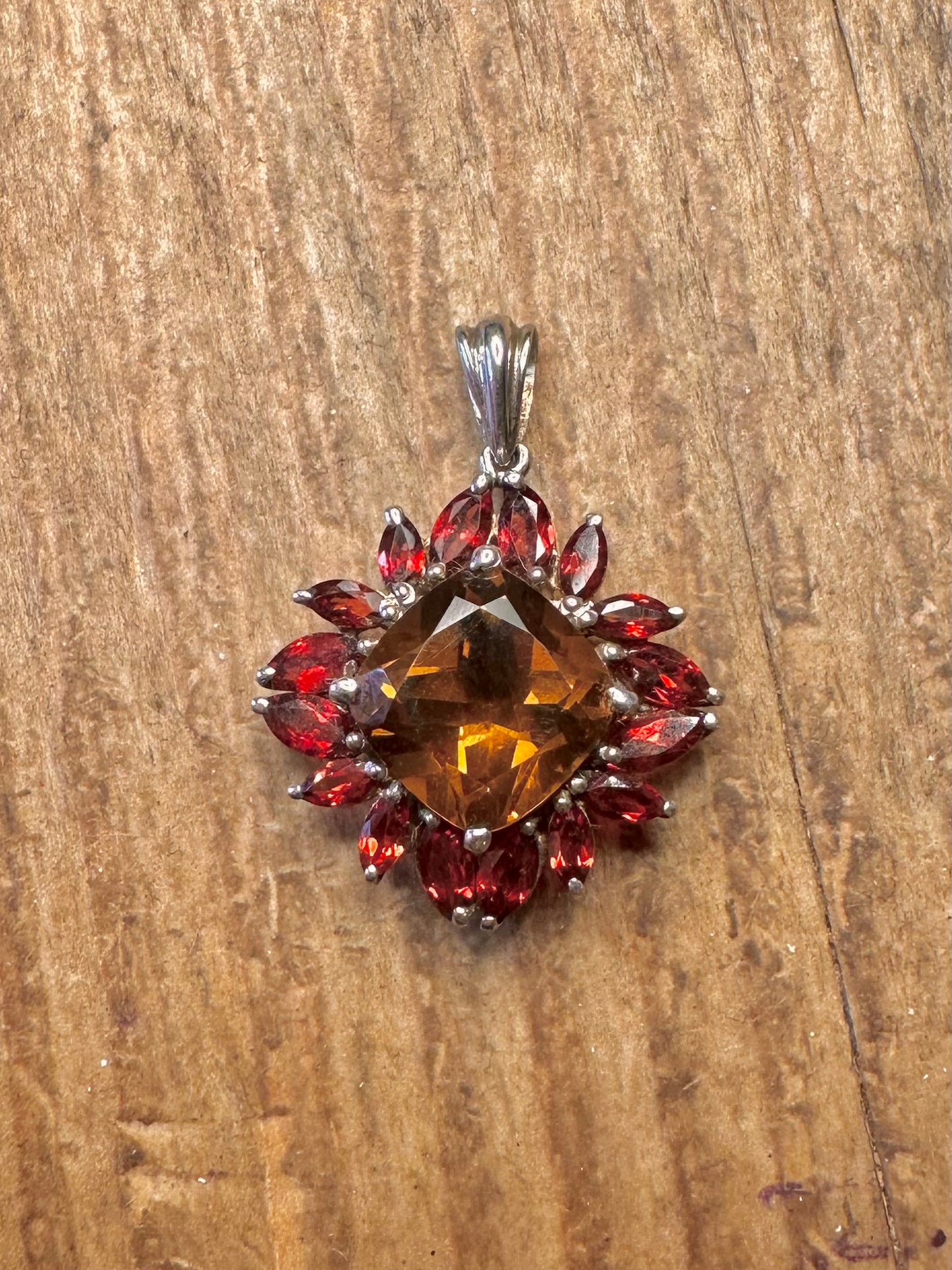 Sunflower Citrine and Garnet 925 Sterling Silver Pendant