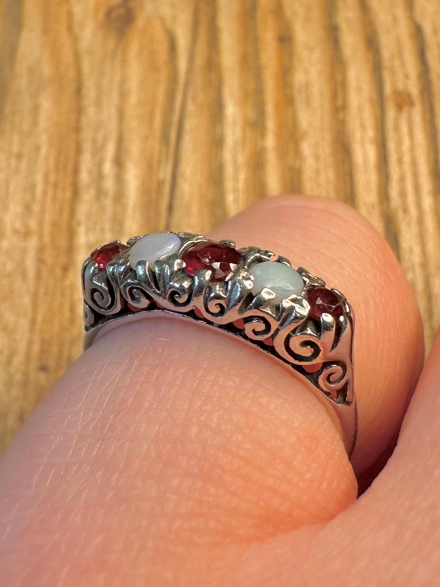 Victorian Style 1979 Opal and Garnet 925 Sterling Silver Size L Ring