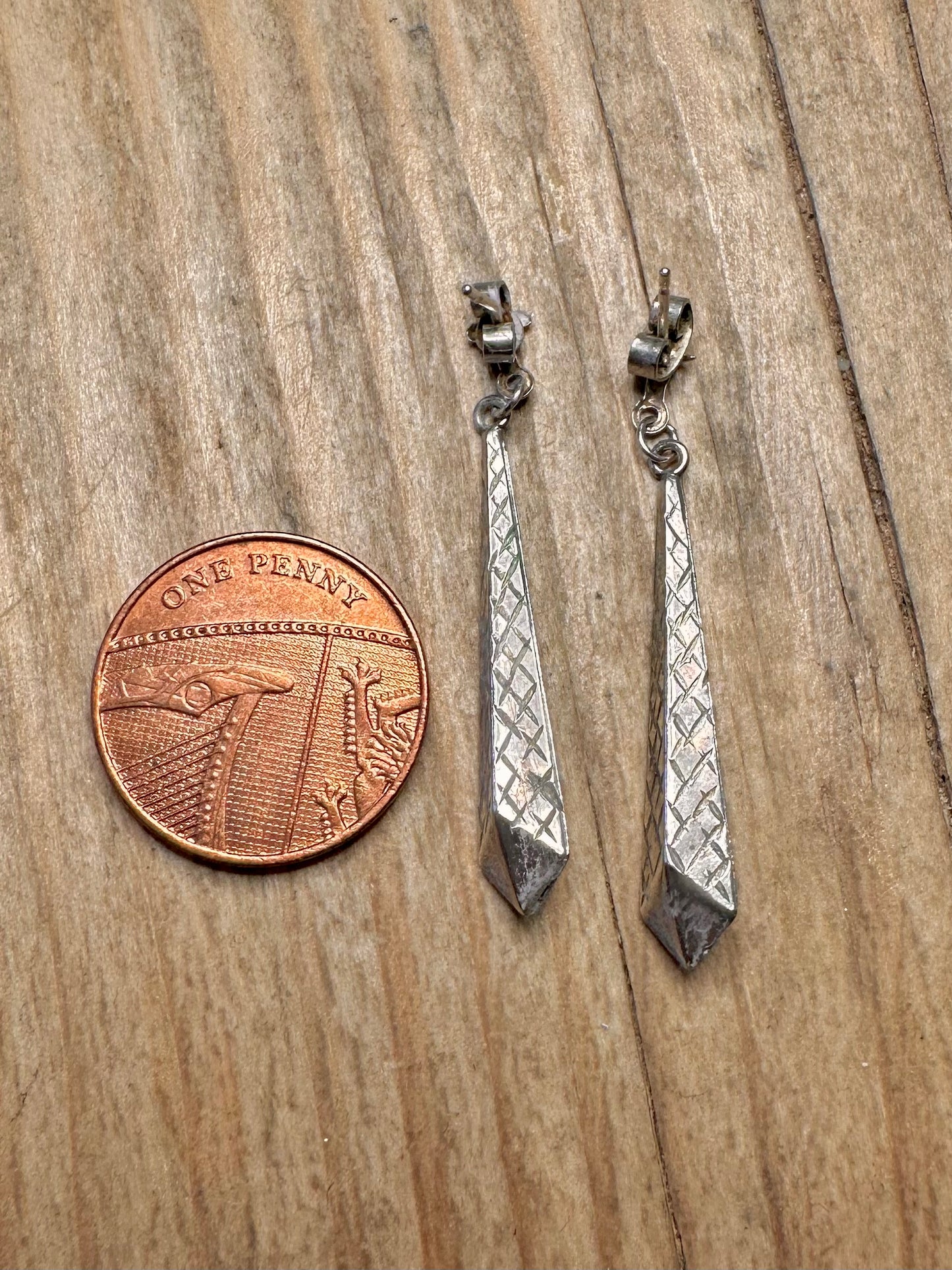 Vintage Textured Pillar Dangle 925 Sterling Silver Earrings