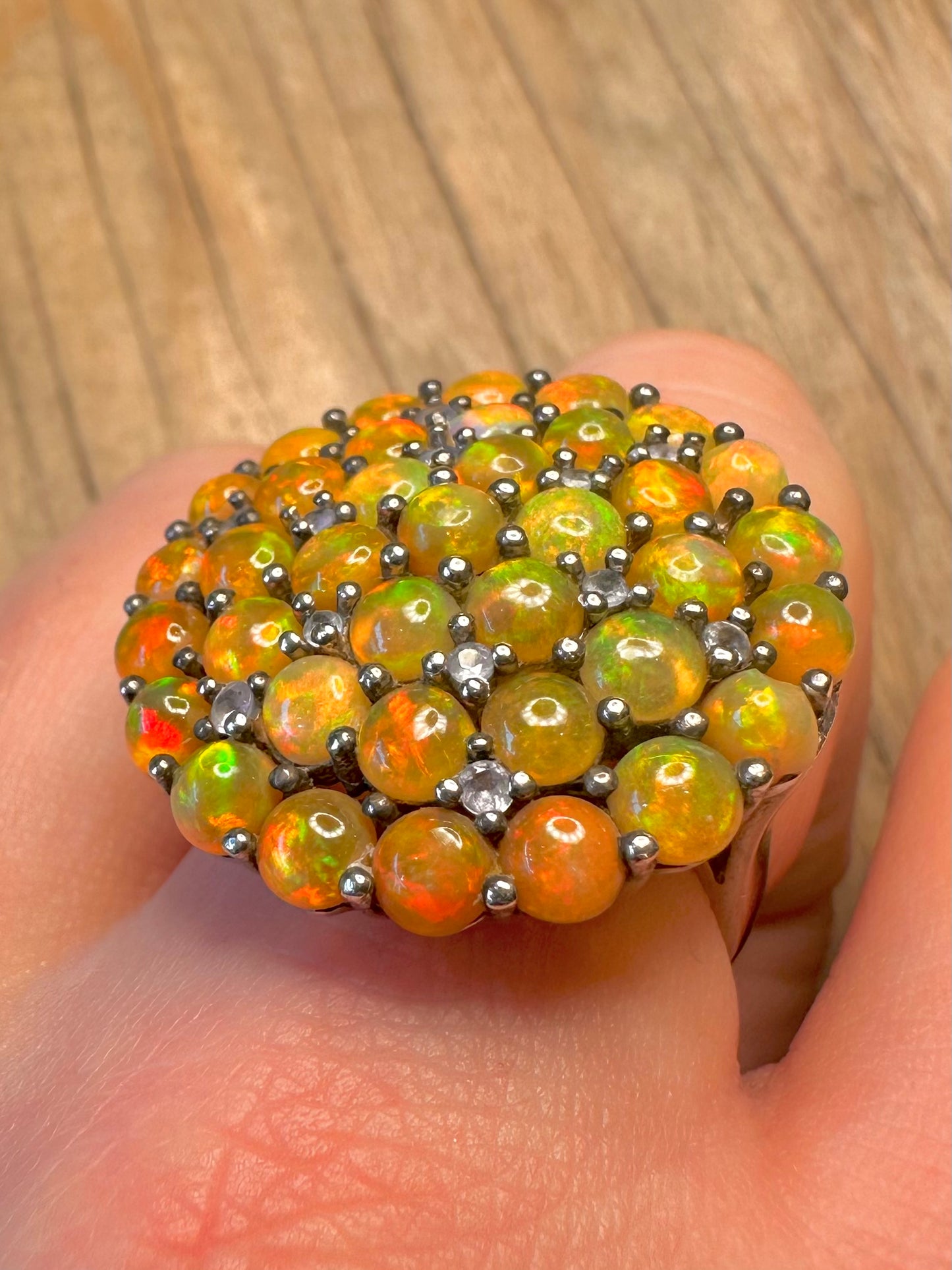 Abstract Large Opal Cluster and White Stone 925 Sterling Silver Size T Ring