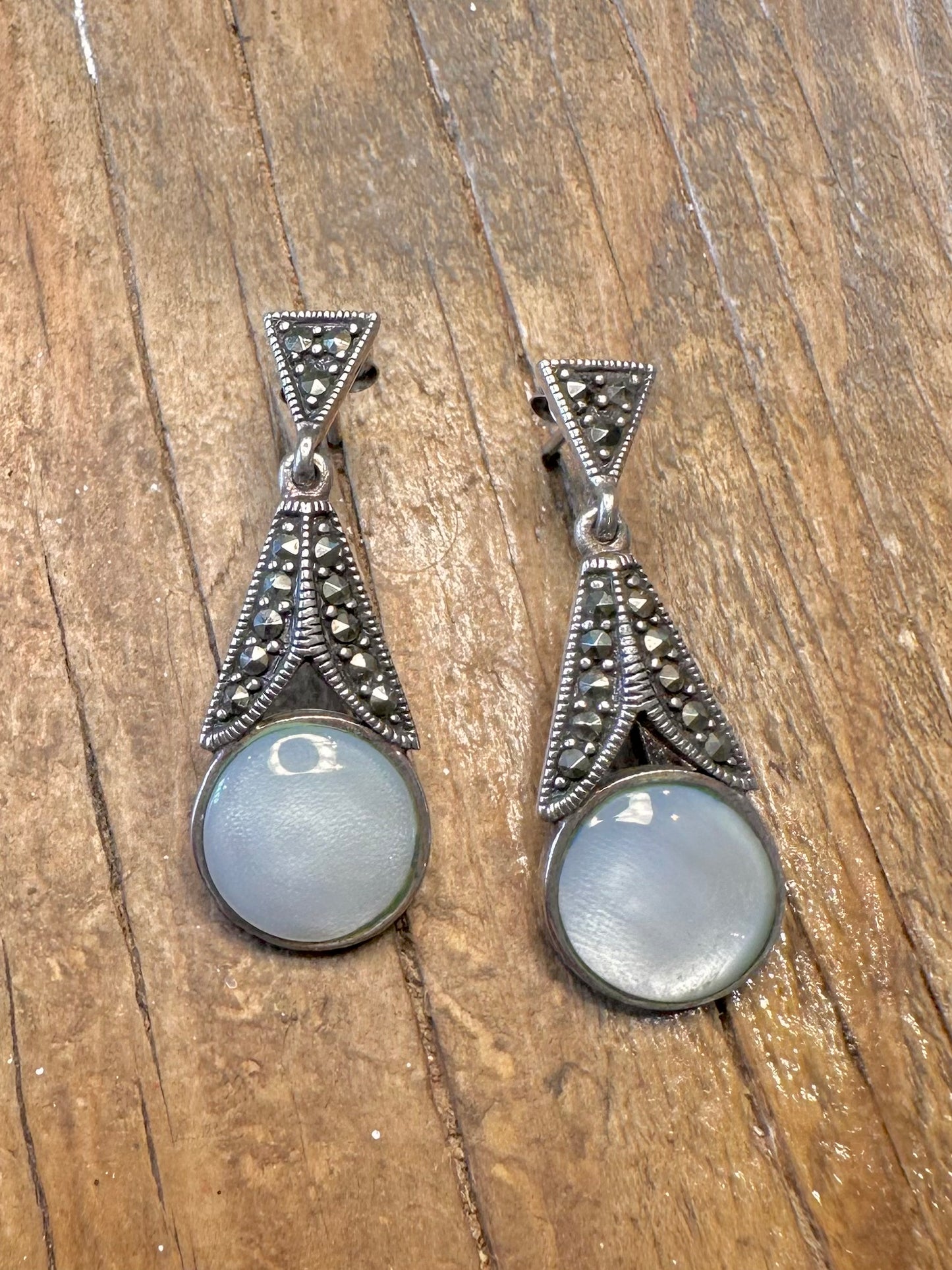 Mother of Pearl and Marcasite 925 Sterling Silver Earrings