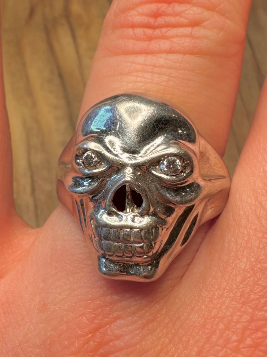 Vintage Skull White Stone Eyes 925 Sterling Silver Size S Ring