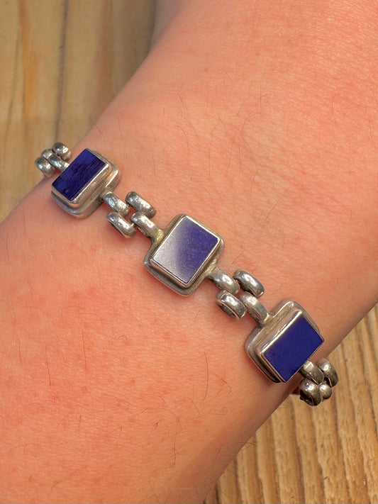 Vintage Lapis Art Deco Style 925 Sterling Silver 6.8 inch Bracelet