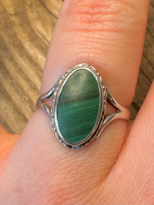 Oval Malachite 925 Sterling Silver Size P1/2 Ring