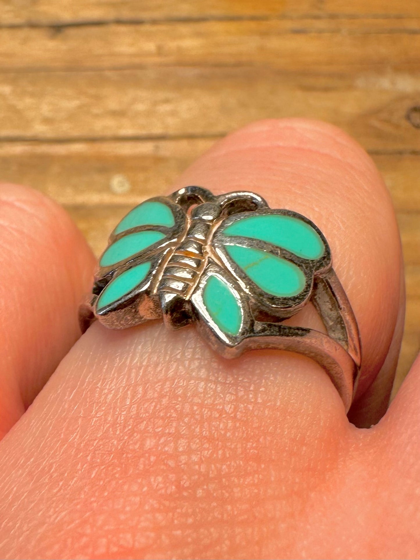 Vintage Butterfly Turquoise 925 Sterling Silver Size O1/2 Ring