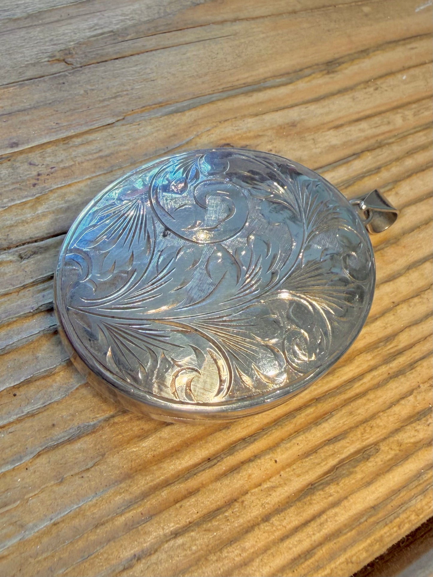Large 1975 Engraved Floral And Swirl Oval Maker FBROs Locket 925 Sterling Silver Pendant