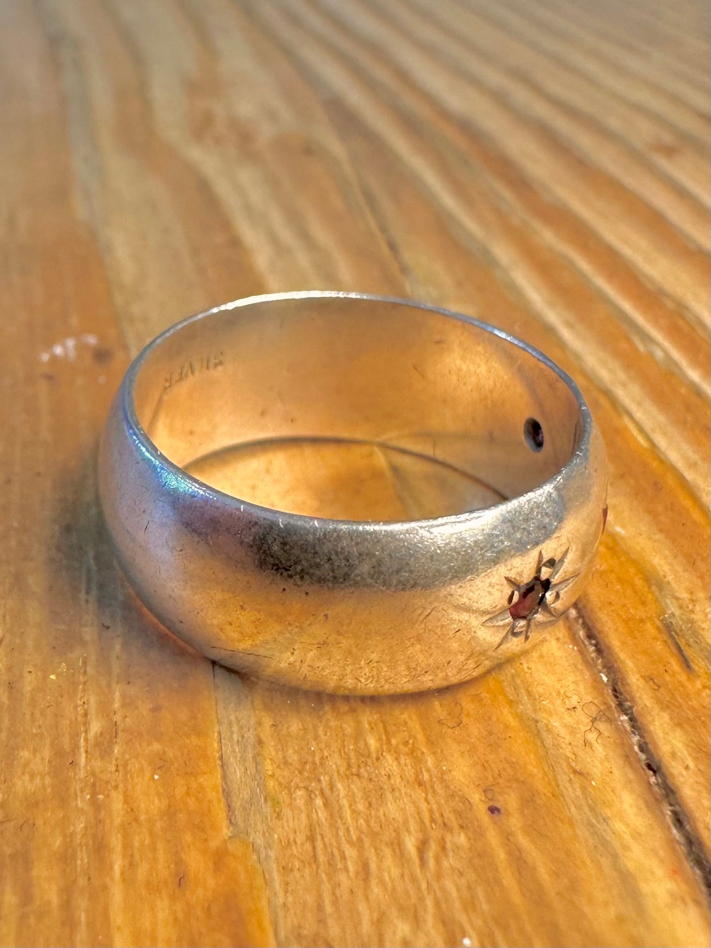 Gypse Style Three Garnet Band 925 Sterling Silver Size O Ring