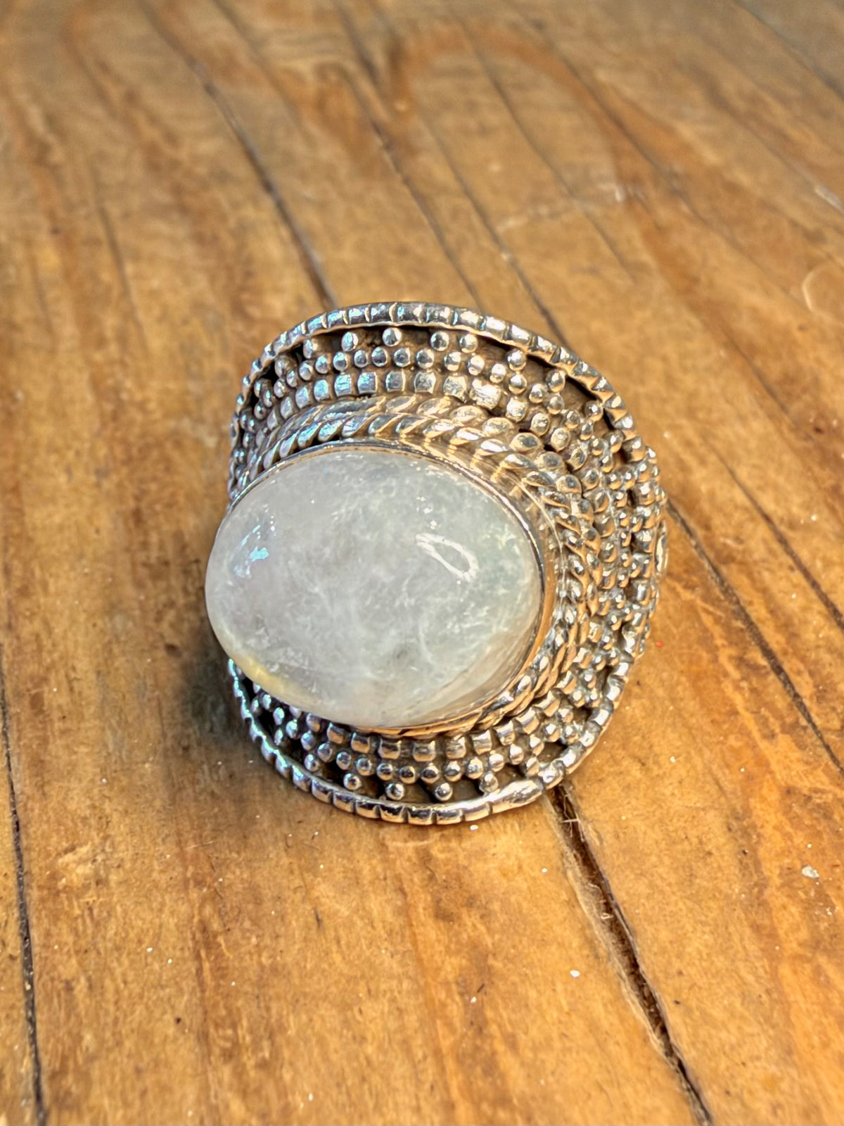 Rainbow Moonstone Braided Textured 925 Sterling Silver Size N Ring