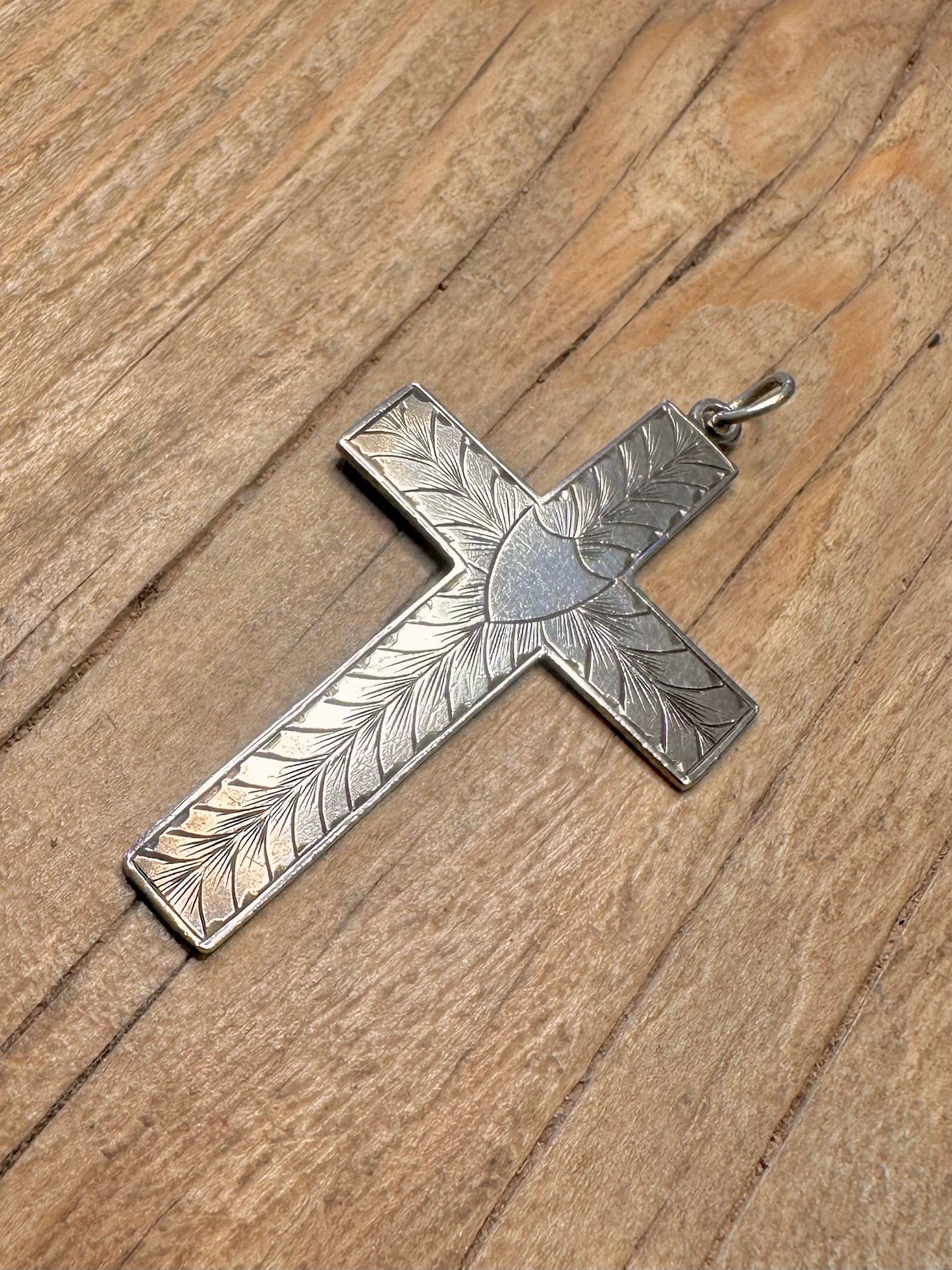 Vintage Floral Etched Shield Cross 925 Sterling Silver Pendant