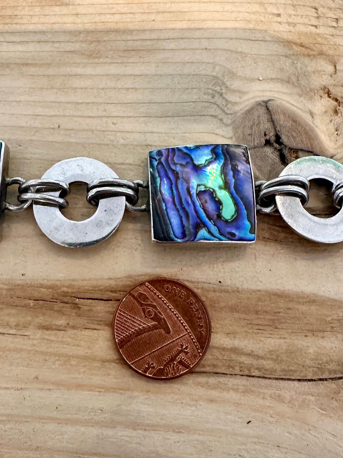 Abstract Abalone Square and Circle T Bar Clasp 925 Silver Bracelet