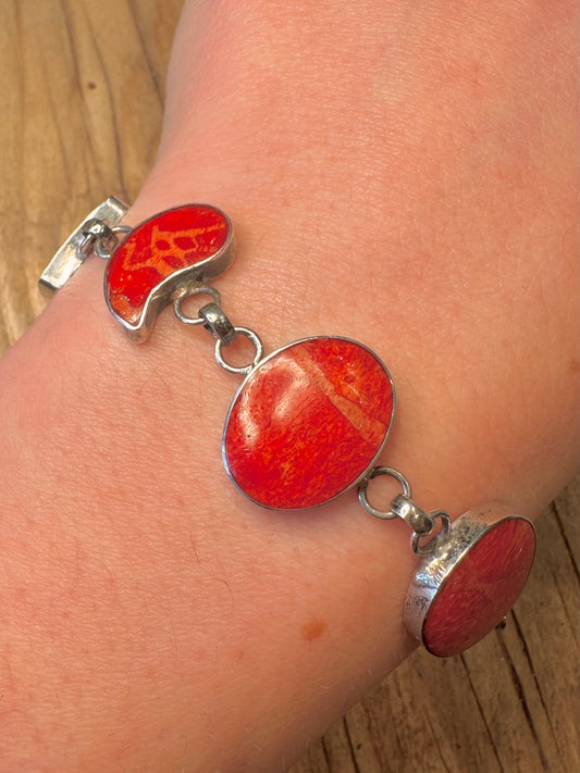Vintage Coral Multi Stones 925 Sterling Silver 7 to 7.5 inch Bracelet