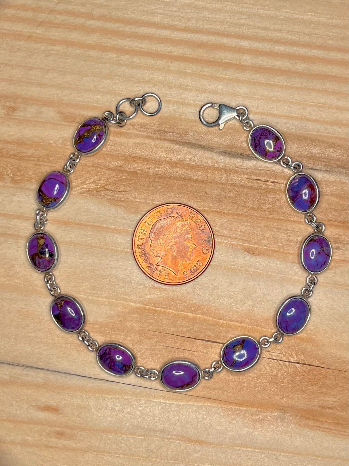 Purple Turquoise Oval Link 925 Sterling Silver 7.5 to 8.2 Bracelet