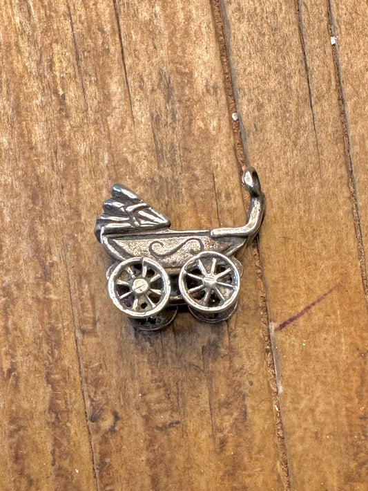 Baby Carriage Pram Moving Wheels 925 Sterling Silver Charm Pendant