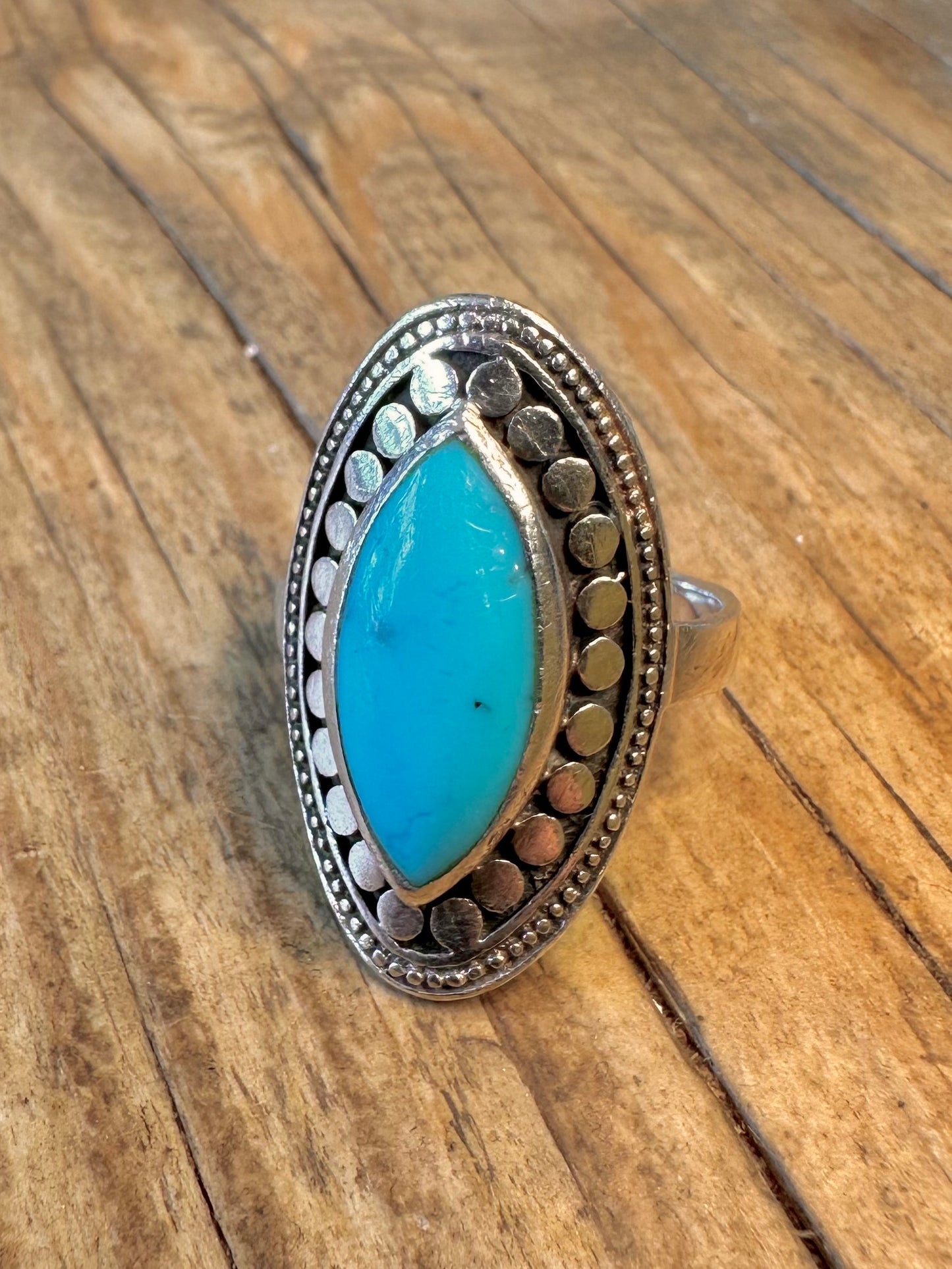 Elongated Turquoise Boho 925 Sterling Silver Size R1/2 Ring