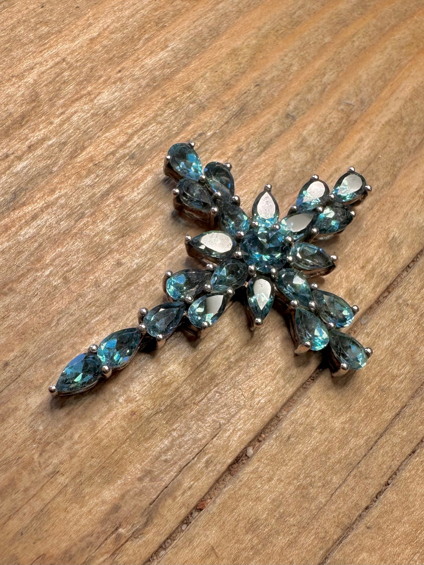 Vintage Blautopas Kreuz 925 Sterling Silber Anhänger