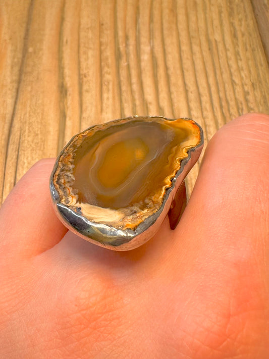 Sliced Polished Agate 925 Sterling Silver Size O Adjustable Ring