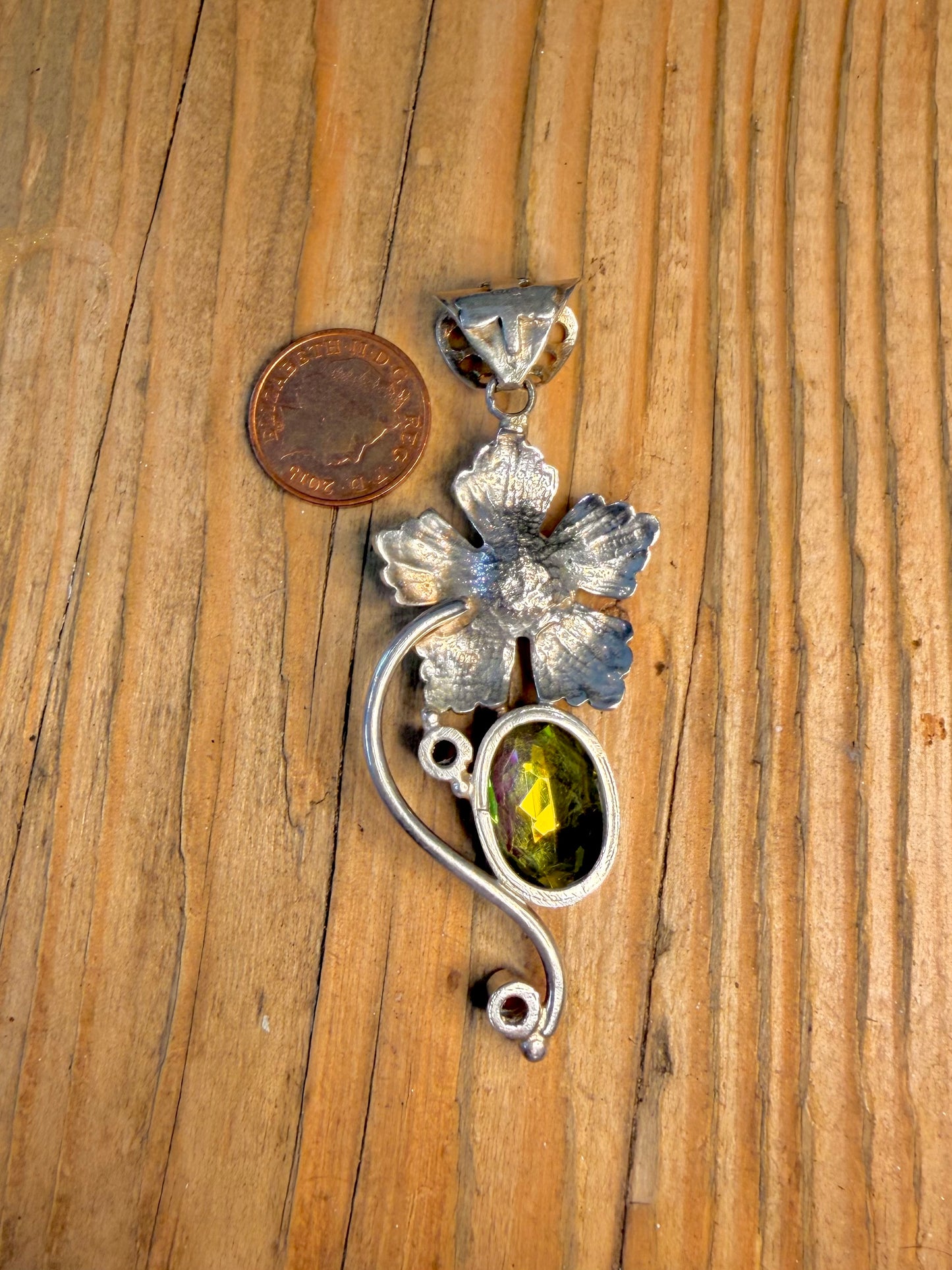 Large Flower Red and Green Stone 925 Sterling Silver Pendant