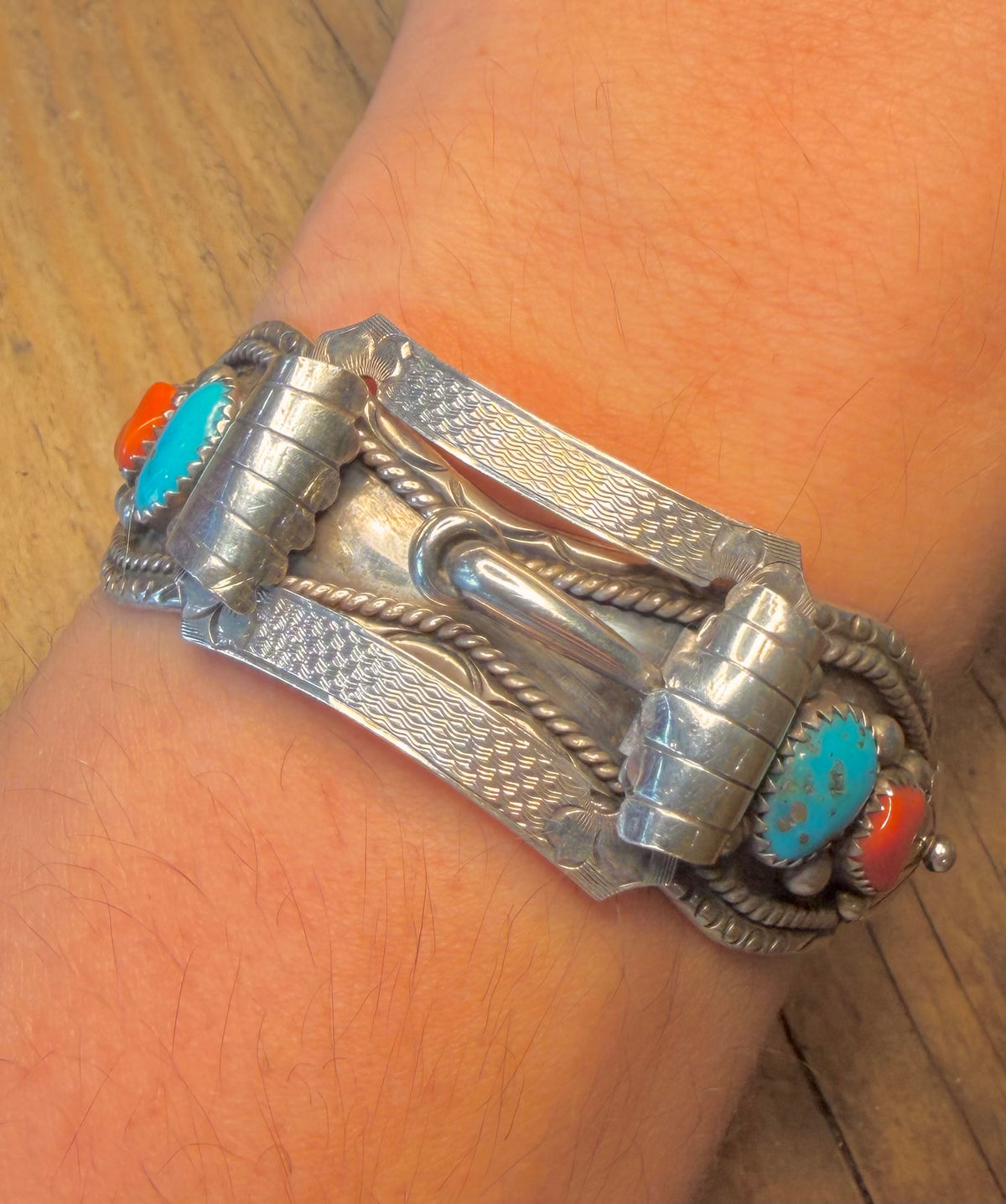 Native American Navajo Turquoise and Coral Watch Cuff Buckle Maker RB 925 Sterling Silver Bangle