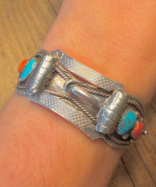 Native American Navajo Turquoise and Coral Watch Cuff Buckle Maker RB 925 Sterling Silver Bangle